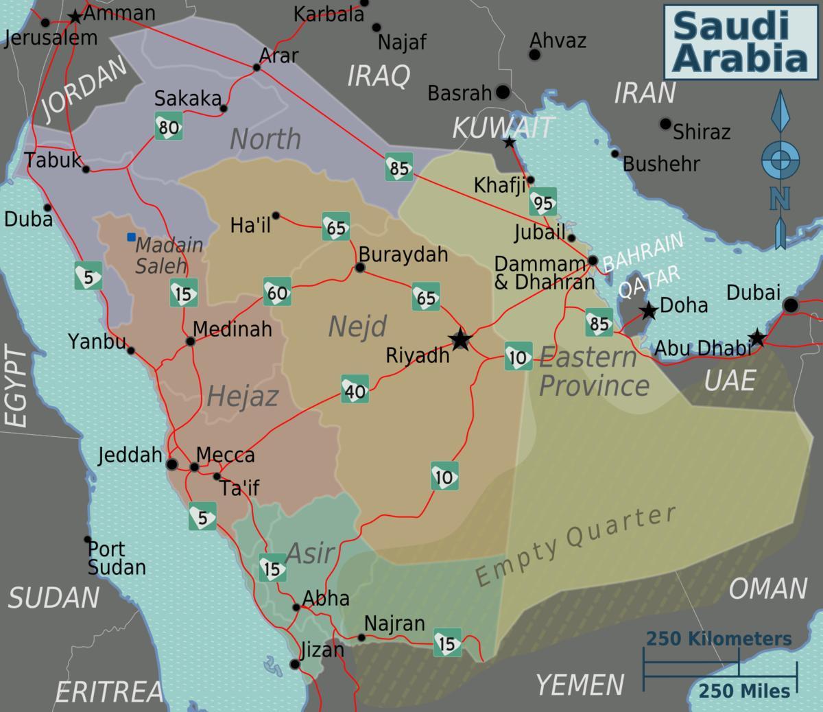 Kaart Saudi Araabiasse, linnad, kaugus