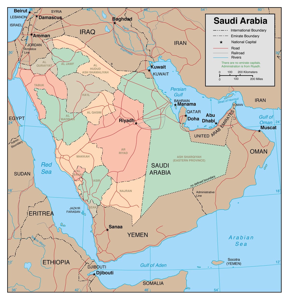 Kaart ülevaade Saudi Araabia naaberriigid